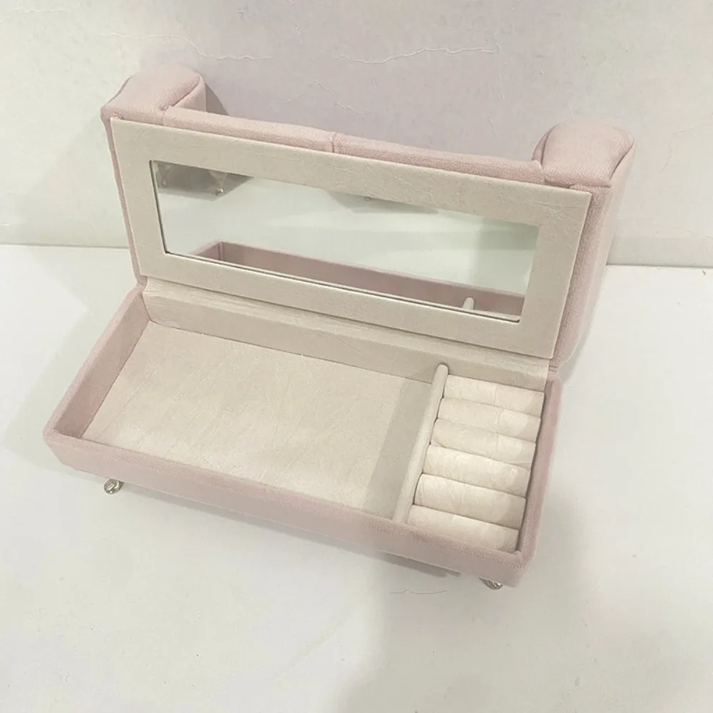 Dutch Velvet Sofa Shaped Jewelry Box Elegant Pink Mini Couch Earrings Ring Display Stand Bracelet with Mirror House Furniture