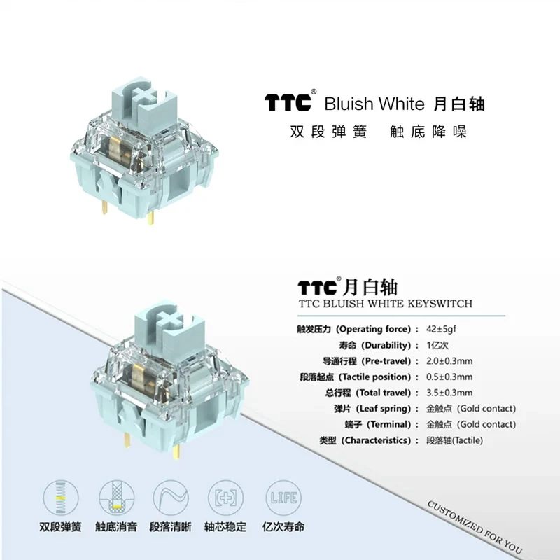 

TTC Silent Bluish White Switch Mechanical Keyboard Mute Tactile 3 Pin 42 gf Dual Gold Plated Spring SMD RGB Double Mute Switches