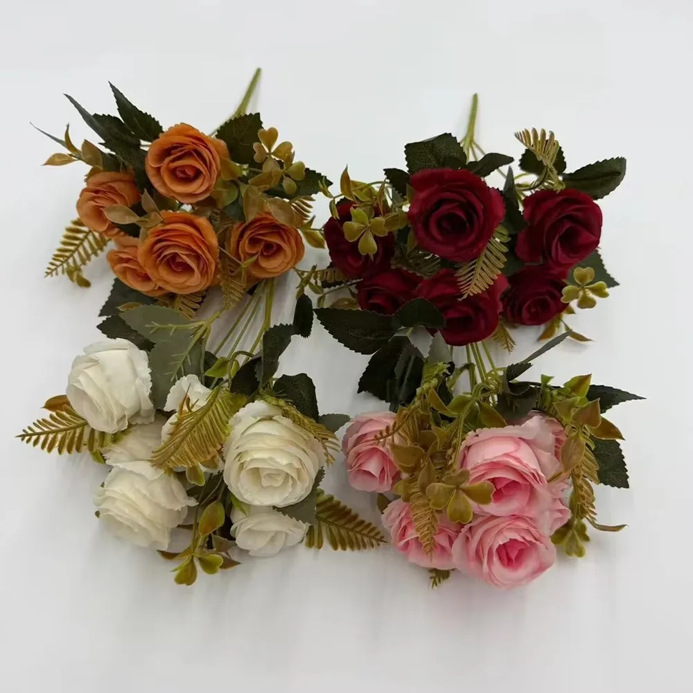 20pcs 6-Head Folded Autumn Mini Rose Faux Bouquet Evergreen Home Wedding Thanksgiving Decor