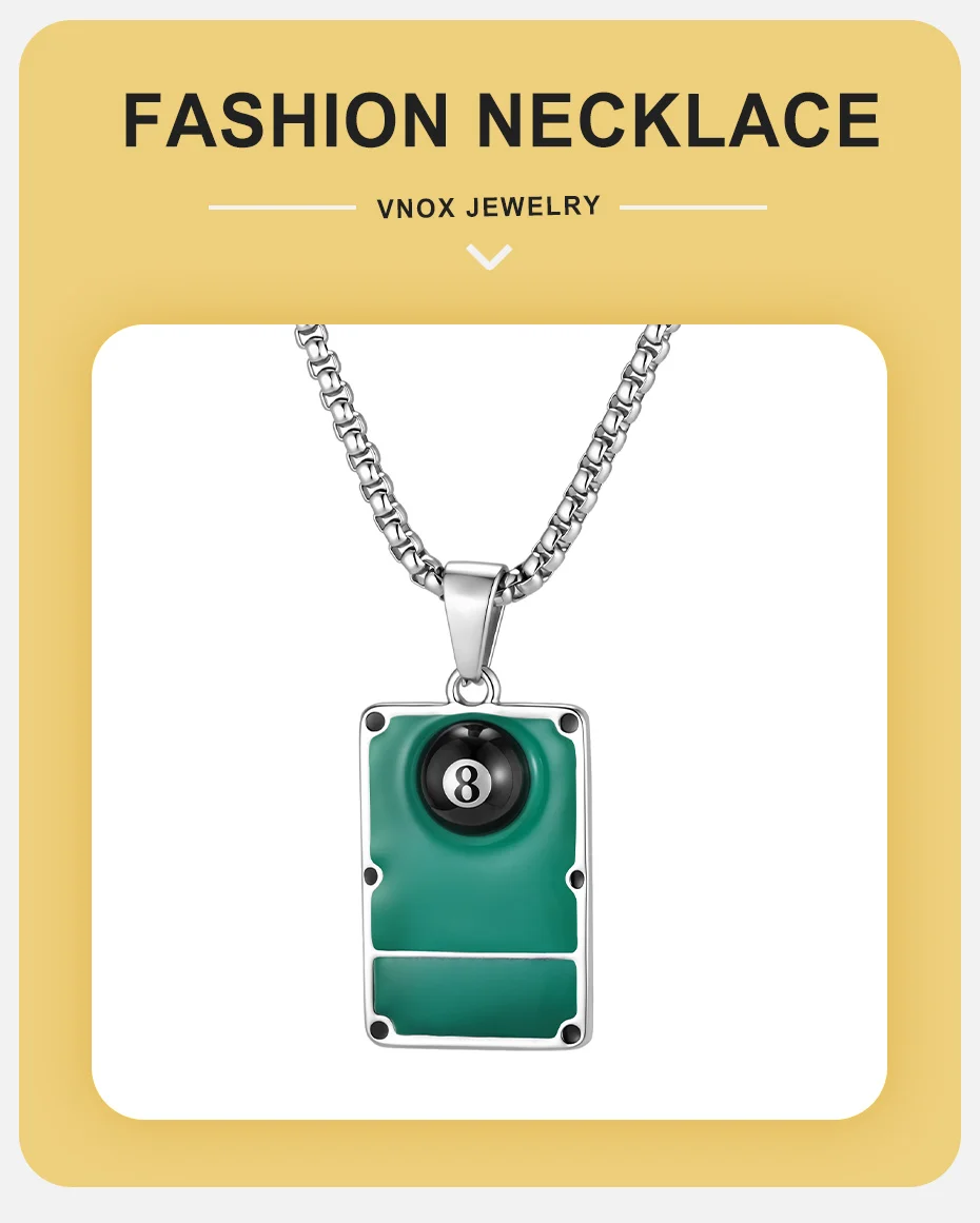 Vnox Edelstahl Billard 8-Ball Anhänger Halskette für Männer, Grüner Billardtisch Quadratischer Anhänger mit Kette Hip-Hop Sport Schmuck Geschenk – Detail 1