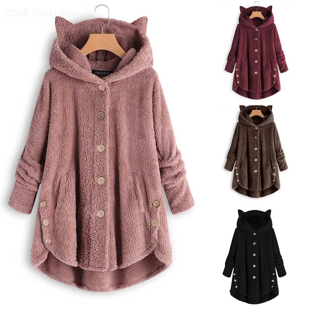 2025Autumn Winter Women's Fleece Cloak CatEar Hooded Button-Down Plush Coat Irregular Hem Solid Color Warm Loungewear Streetwear