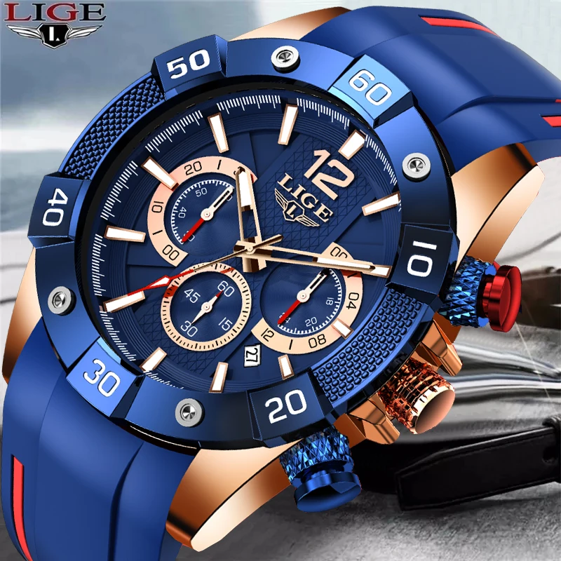 LIGE Sport Watch Men Top Brand Luxury Silicone Waterproof Quartz Watches For Men Fashion Business Military Date Chronograph