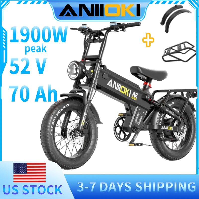 

Электровелосипед ANIIOKI с пиковой мощностью двигателя 1900 Вт, батарея 52V 70Ah, скорость до 32 миль/ч, широкие шины 20"*4", модель A8 Pro Max, многофункциональный электрический велосипед.