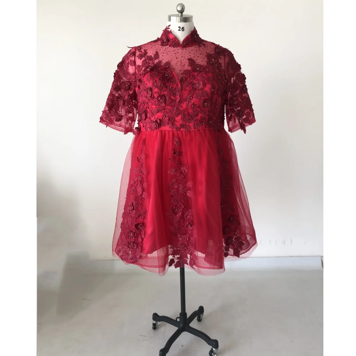 

Eveing Dresses Pink Floral Tulle High Collar Short Sleeves Zipper Back A-line Floor Length Plus size Women Party Dress C1484