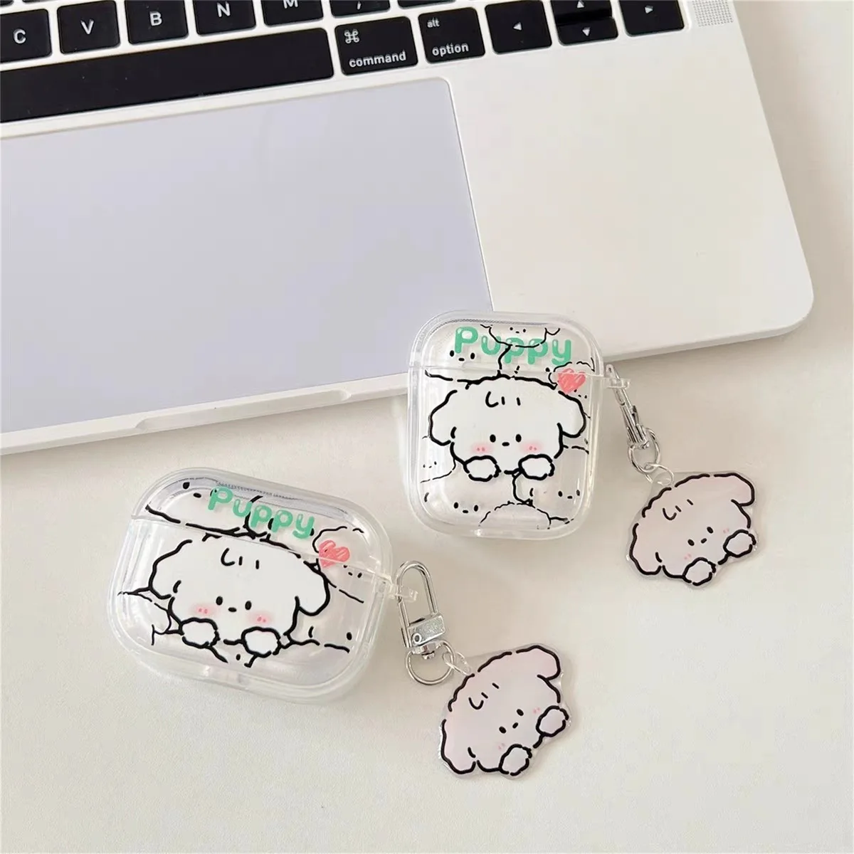 Étui de protection pour AirPods Pro 1 2, chien de dessin animé chiot, étui pour écouteurs Sweet Pearl avec porte-clés, housse transparente pour Air Pods