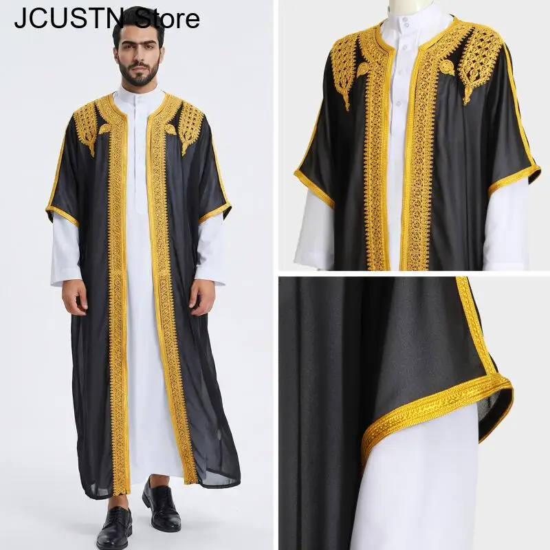 

Short Sleeve Thobe Luxury Embroidered Arab Traditional Long Robe Men Kaftan Moroccan Kebaya Open Muslim Kimono Prayer Clothes