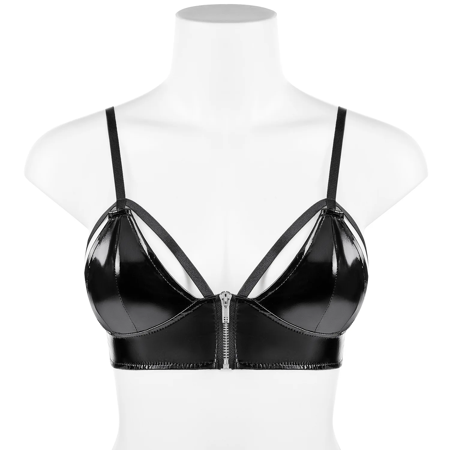

Women's Wetlook PVC Leather Bralette Sexy Fetish Cleavage Zipper Open Breast Exposed Bras Bustier Tops Adjustable Strap Lingerie