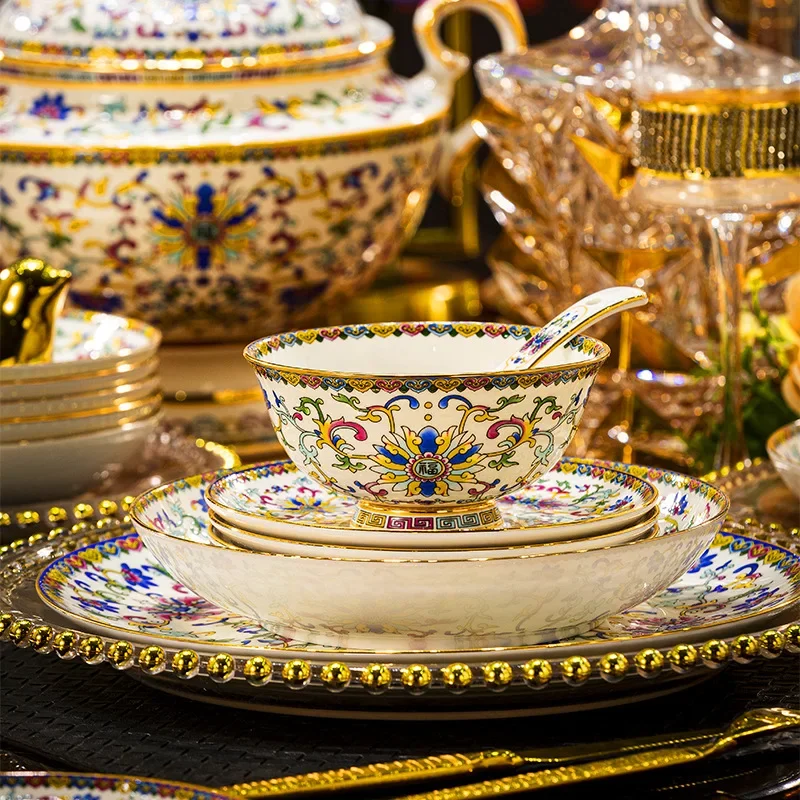 DSA Household Dishes Set Light Luxury Bone China Combination High-end Chinese Dishes Ceramic Tableware Enamel Color Bowls