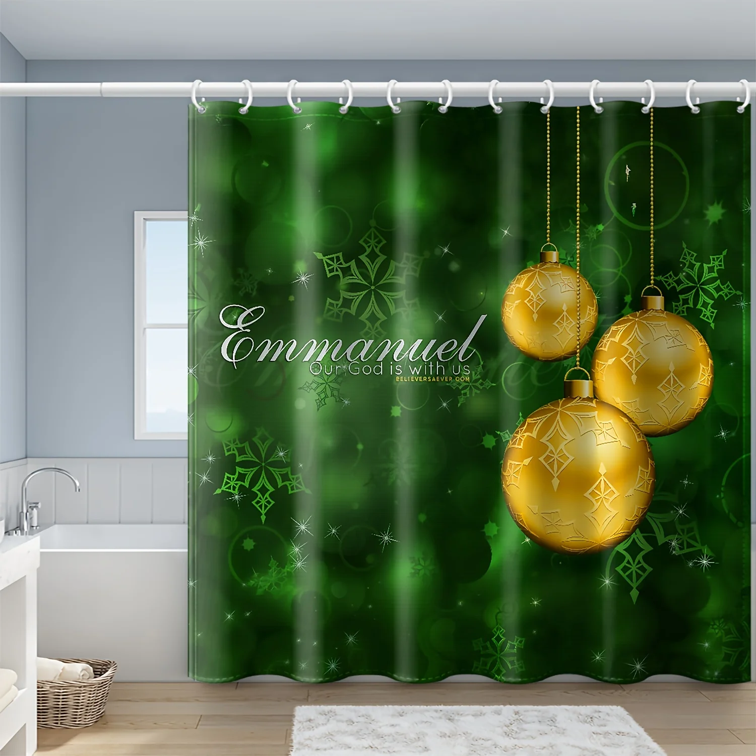 مجموعة ستائر دش عيد الميلاد مع خطافات، ستارة حمام من البوليستر مع ندفة الثلج إيمانويل وتصميم الزينة، ديكور موسمي