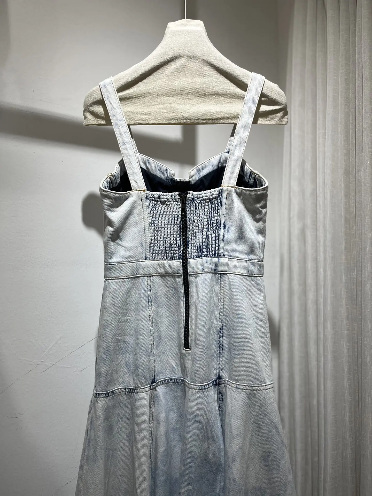 Women Strapless Bra 100% Cotton Sleeveless Irregular Hem Denim Sling Midi Dress