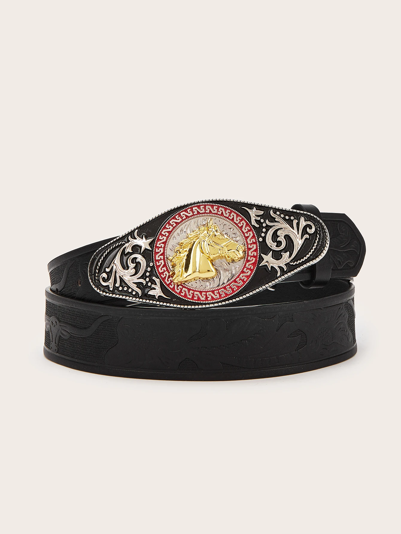 1pc men's black western style mustang metal buckle flower embossed belt, a versatile decorative belt for jeans