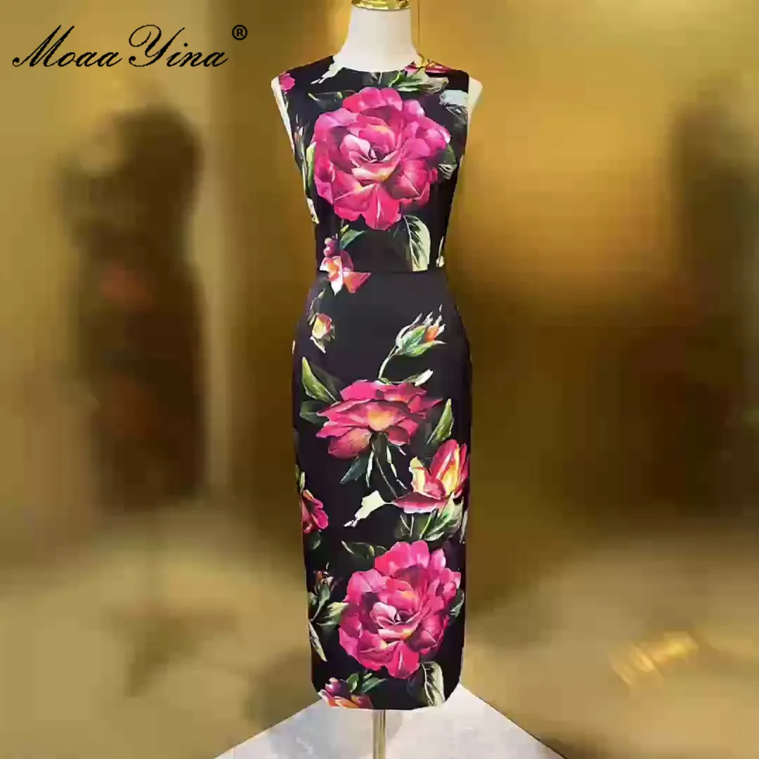 

MoaaYina Designer Runway Autumn Vintage Silk Dress Women Fashion Sleeveless Flower Print Party Balck Slim Midi Dresses