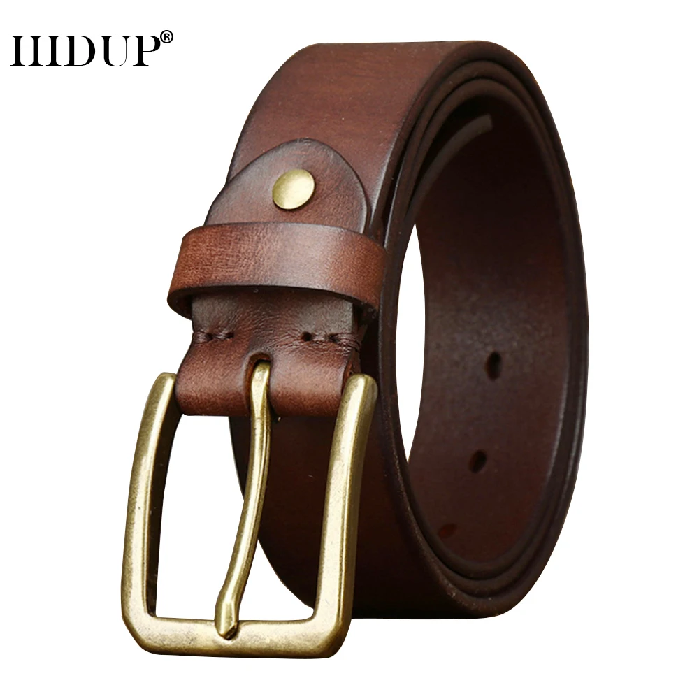 

HIDUP Solid Brass Buckle 100% Pure Cowhide Belt for Male Jeans Accessories NWJ1228