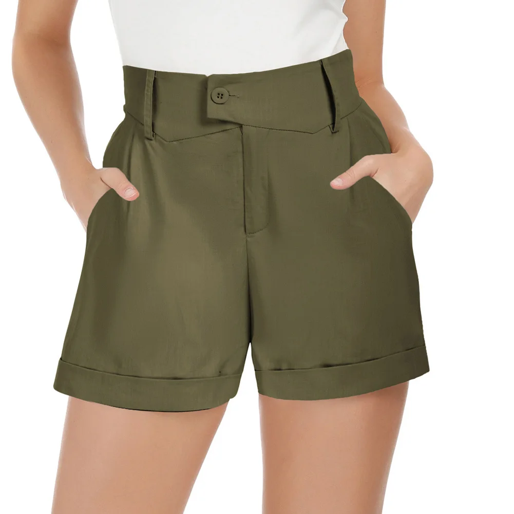 Belle Poque Women Summer Elastic High Waist Shorts With Pockets Fold Up Leg Opening Cotton Short Pants Vintage Wide Leg Shorts