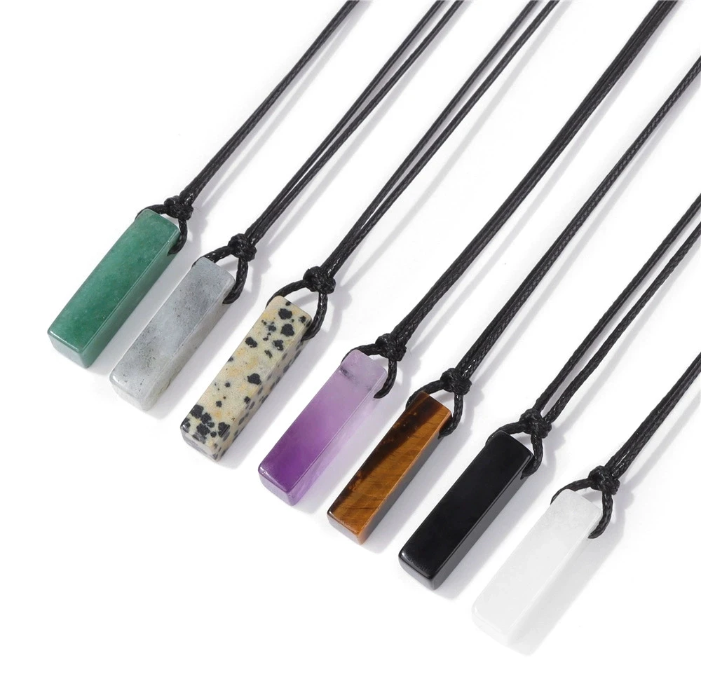 Rectangle Natural Stone Necklaces For Women Dalmation Obsidian Pendant Necklaces Black Leather Chain Men Fashion Jewelry Gift