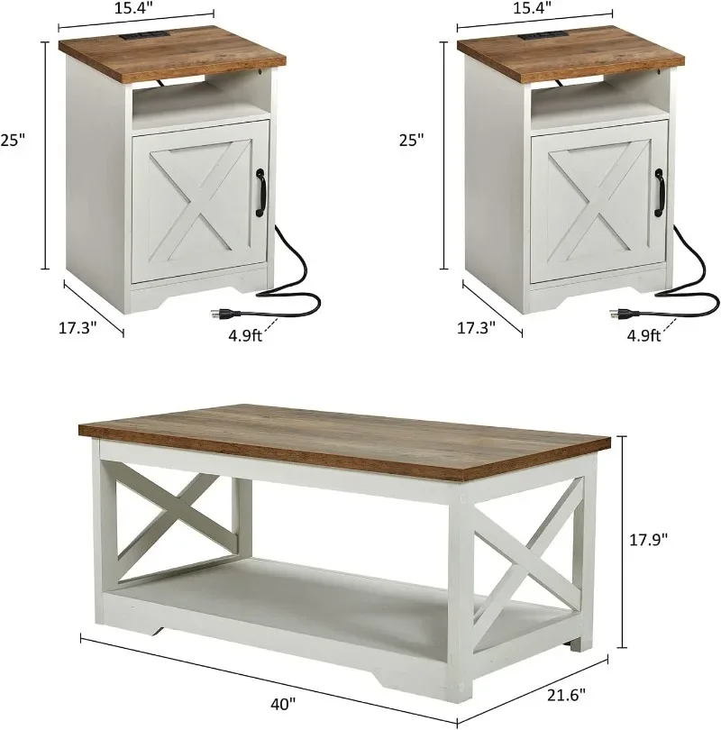 AMERLIFE 3-Piece Farmhouse Living Room Table Set with Coffee Table & 2 End Tables, Charging Station & USB Ports, DistressedWhite