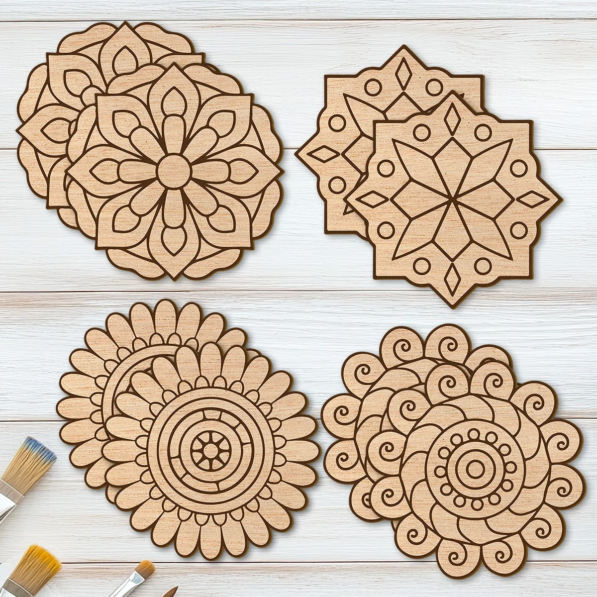 8pcs Unfinished Mandala Coloring Wooden Art Painting DIY Kit, Creative Craft Doodle Tool Kit, High-Quality Materials,Clear Lines view 3