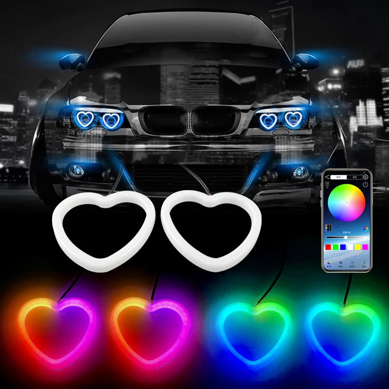 2pcs Heart-Shaped RGB Angel Eyes Halo Light Bluetooth App Control With with Amber Turning Light Car Light Accessories