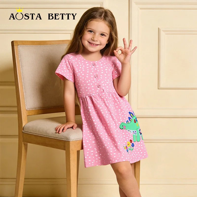 26New Summer Girls' Dress Fashionable Children's Short-Sleeve Princess Dress Dinosaur Cartoon Children's Dress