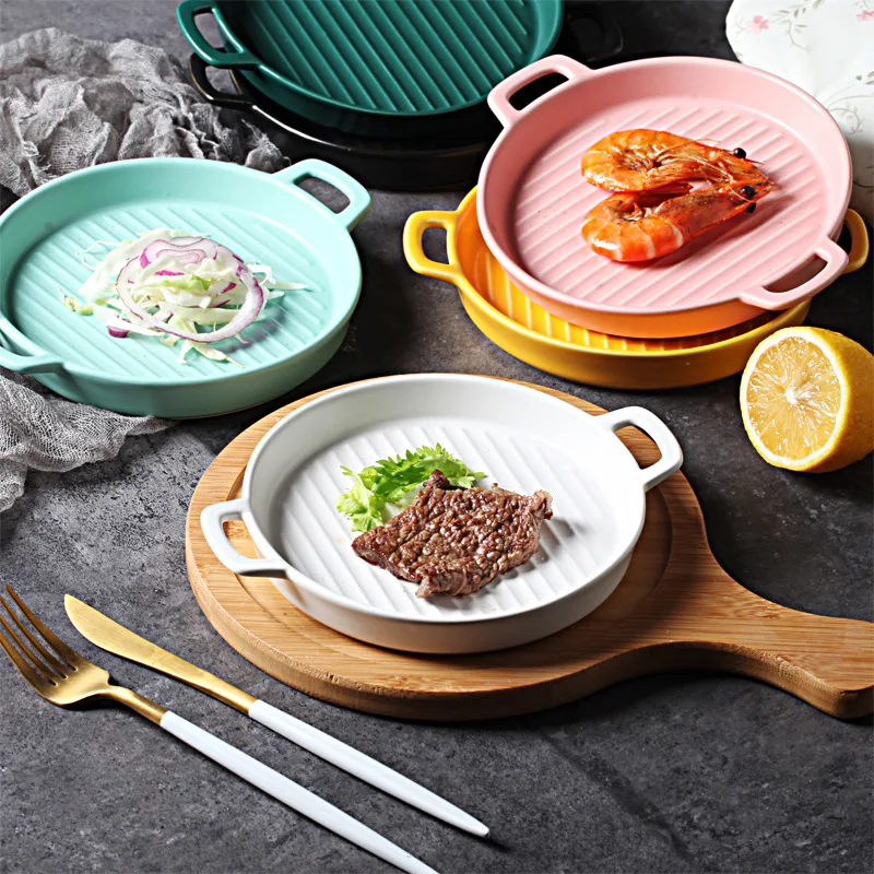 

INS Nordic Grill Plate with Handle, Ceramic Plate, Oven Plate, Baked Rice Plate, Dessert Home Dish, Salad, Breakfast Plate