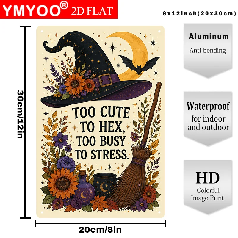 CIFBUY Cute Witch Hat Moon Bat Broom Funny Slogan Quote Metal Sign Plaque Aluminum Wall Art Waterproof Durable Decor Home Cafe R