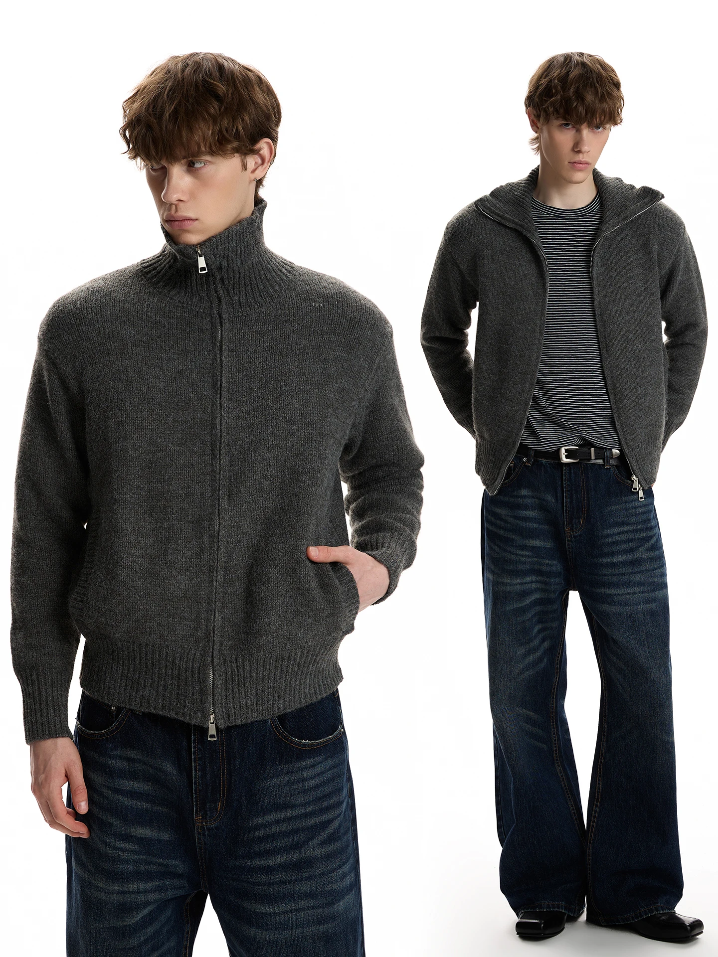 

Вязаный кардиган на молнии с ретро-текстурой, приталенный, с высоким воротником, модный свитер для молодежи, повседневный уличный стиль