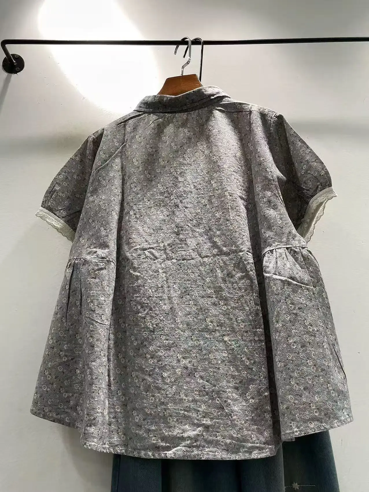 Bust 118cm Mori Kei Clothing Japanese Style Cotton Gray Print Shirts for Women Summer Cotton Peter Pan Collar Blouses