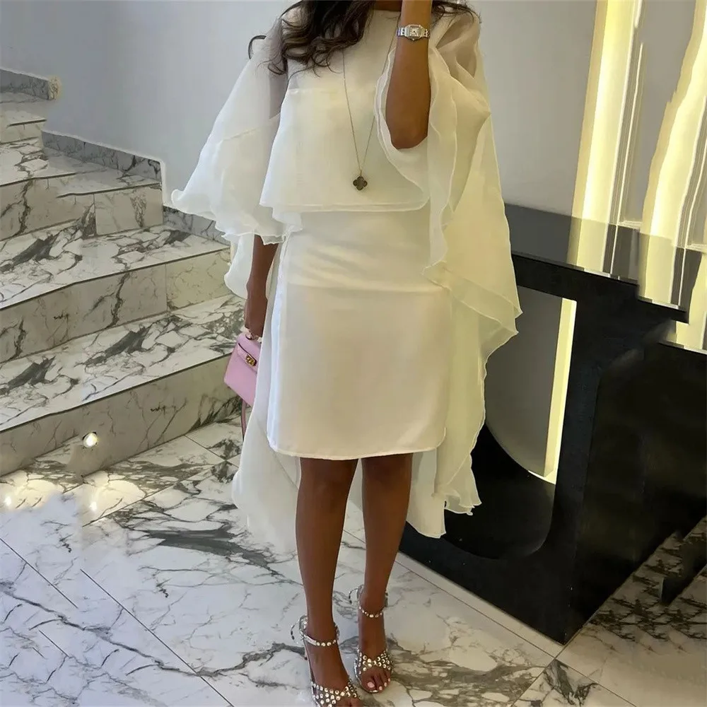 MULONG Short Knee Length Said Nude Dubai Evening Dress with Cape Sleeves Ivory Arabic Formal Dresses for Women Wedding Party