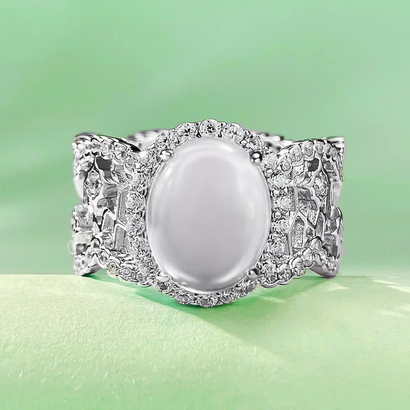 

Natural Water Foam Jade Ring for Women 925 Silver Egg Face High Ice Glass Seed Jade Stone 8 * 10 Dove Egg Sparrow Diamond