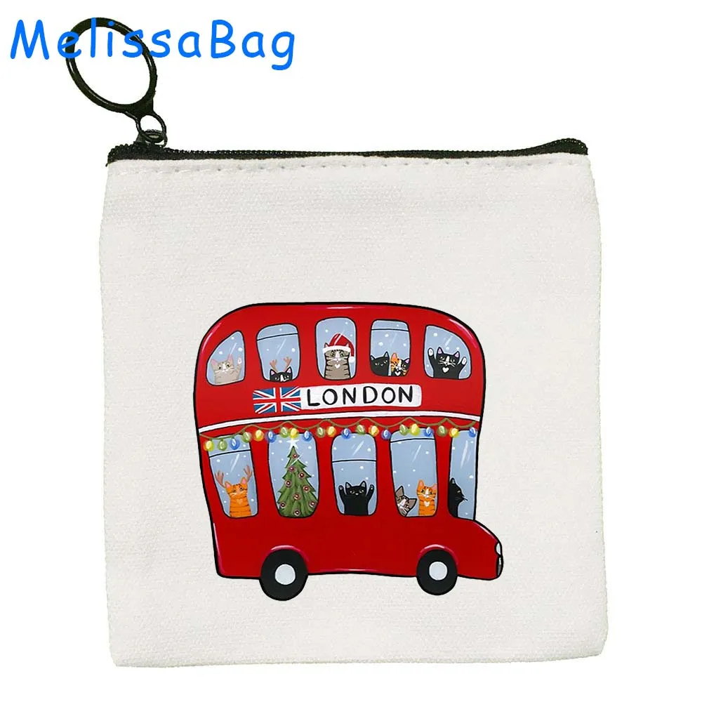 London England Bus Big Ben British Cute Gifts United Kingdom UK Love Heart Flag Canvas Coin Purse Key Card Case Bag Zipper Pouch