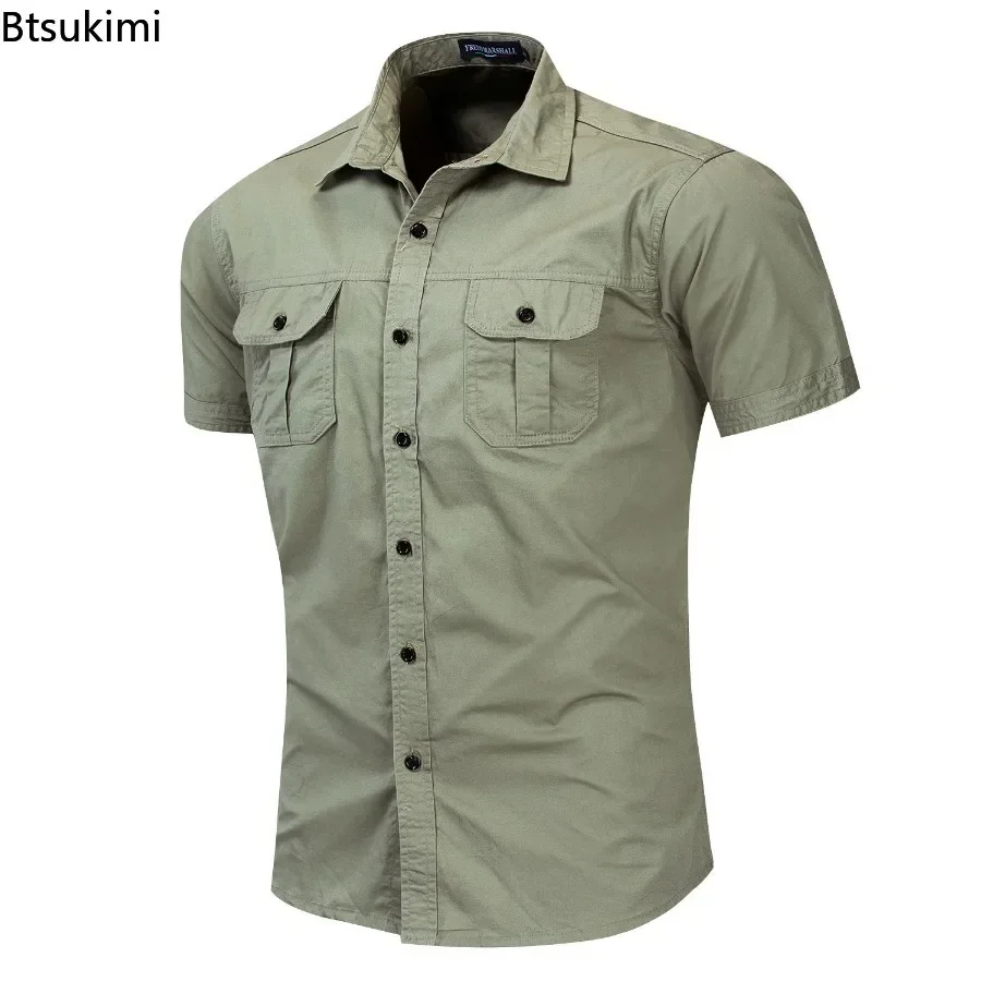 Novo 2025 camisa militar masculina de manga curta verão 100% algodão estilo safari esporte ao ar livre camisas de carga camisa de trabalho masculina simples topos