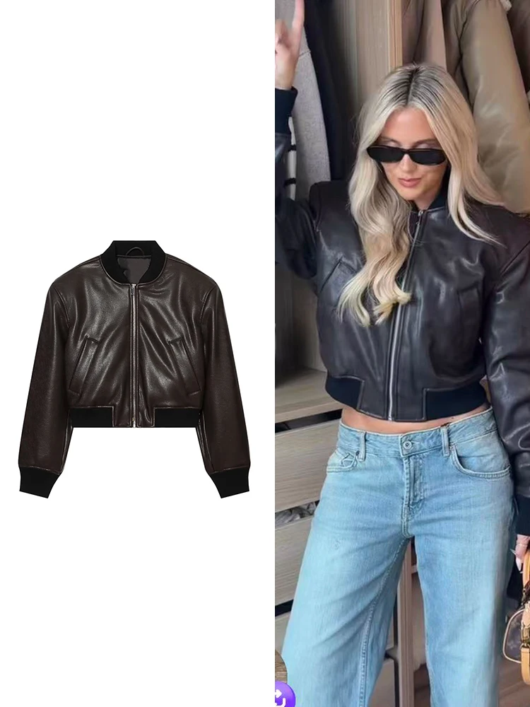 TFMLN Women's Pilot Jacket 2026 Autumn New Fashion Stand Collar Zipper Leather-Effect Padded Shoulder Short Jacket Female