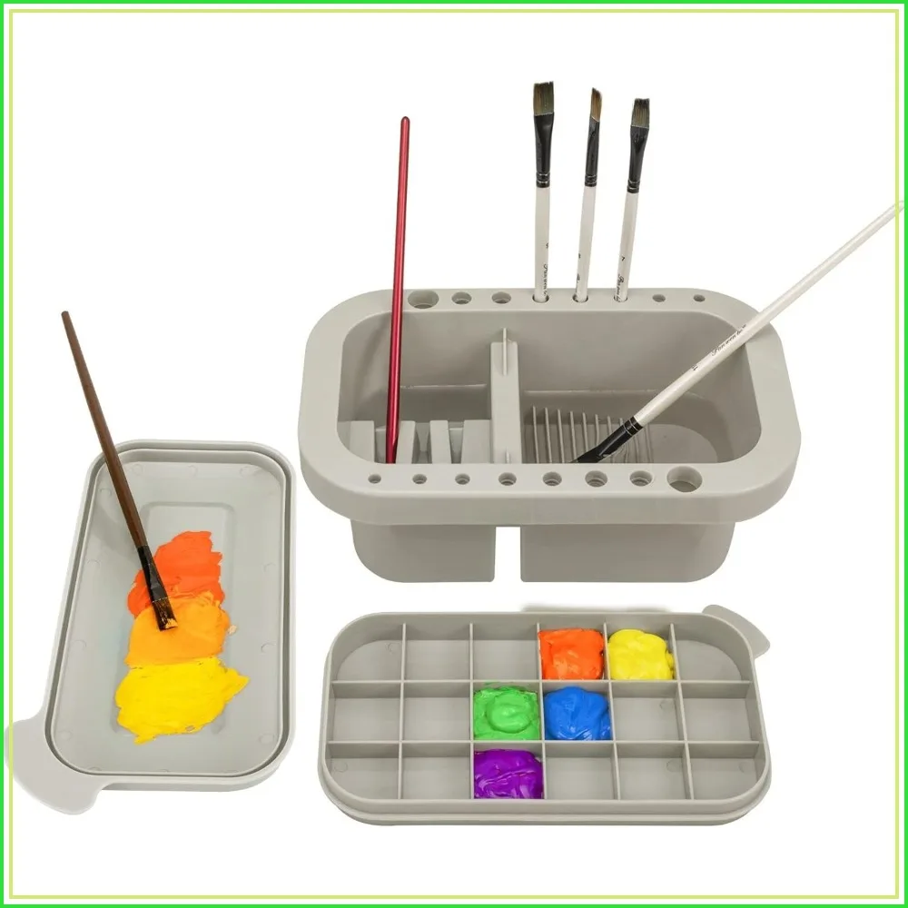 Paint Brush Cleaner with Palette, 18 Mixing Wells, 16 Brush Slots, 3 Compartments, Grey