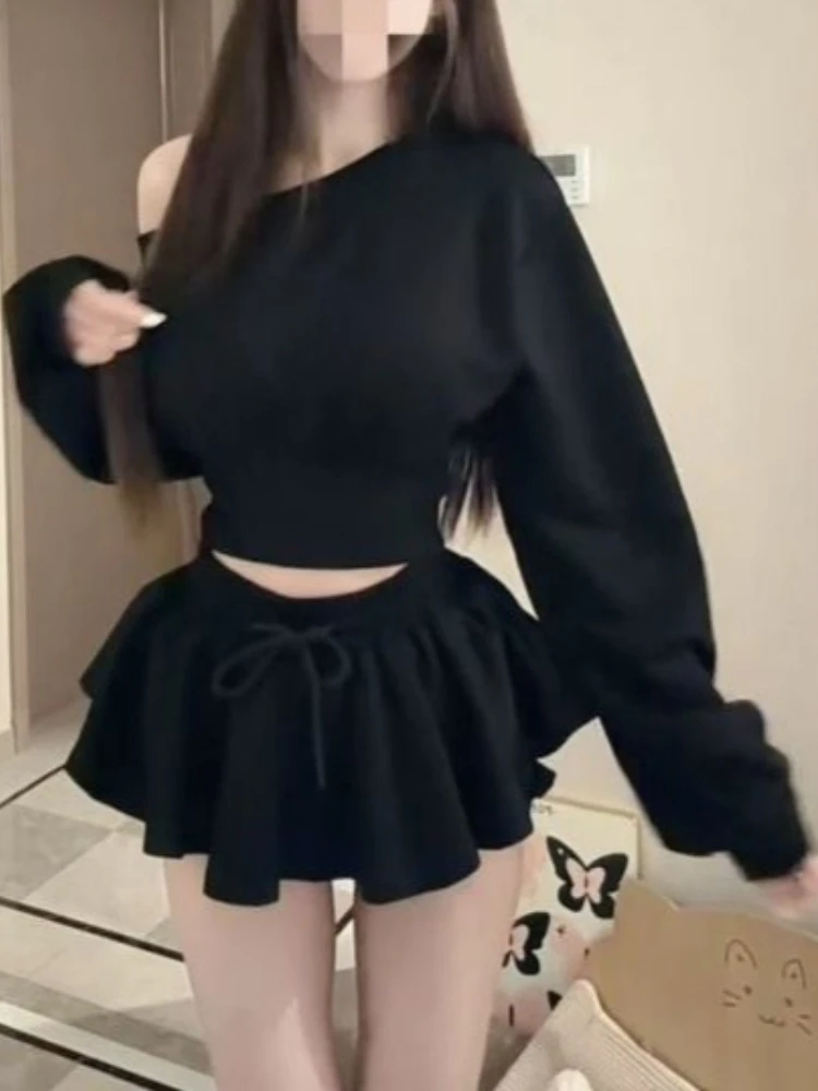 Casual Fashion 2 Piece Set Women Slim Black One Shoulder Long Sleeve Top + High Waist Puffy Mini Skirt Sexy Hot Girl Chic Outfit