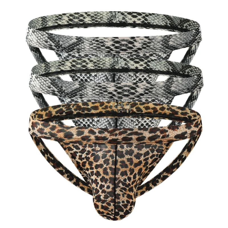 3PCS Sexy Thongs Men Double G-String Briefs Snake Print Underpants Male Panties Breathable Bikini Jockstrap Sissy Panties