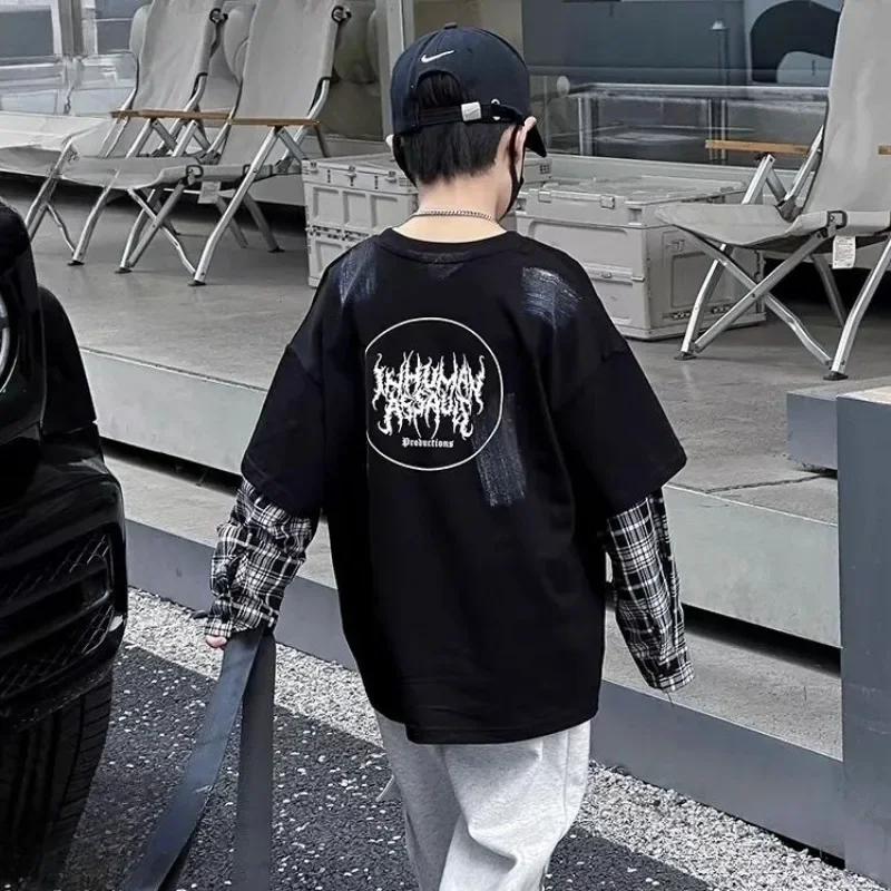 

Boys Loose Letter Long Sleeved T-shirt Spring Autumn Children Casual Cotton Korean Clothing Kids Handsome Fake Two Items Tops