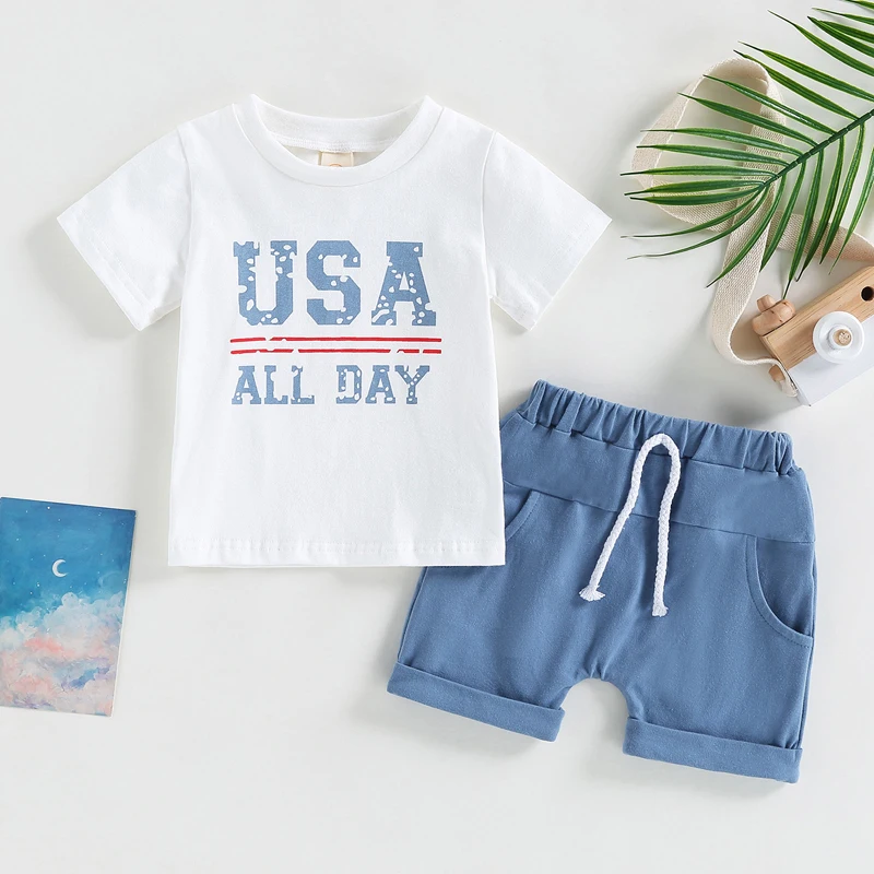 

2023-02-23 Lioraitiin 0-4Years Independence Day Kids Boys 2Pcs Clothes Letter Print Crew Neck Short Sleeve T-Shirts Tops Shorts