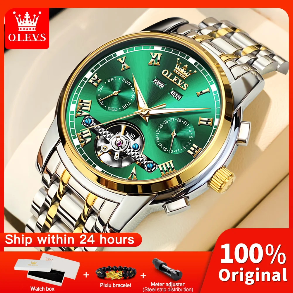 

OLEVS 6607 Mens Watch Automatic Mechanical Business Wristwatch Waterproof Strap Watch for Man Skeleton Calendar Mens Gifts Reloj
