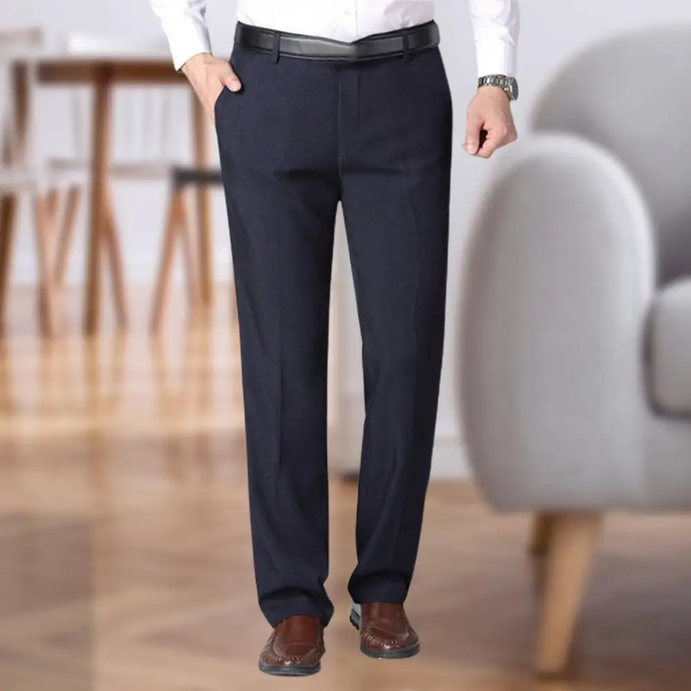 Men Suit Pants High Waist Zipper Button Fly Pockets Pants Solid Color 3D Cutting Casual Pants Straight Fit Casual Business Pants