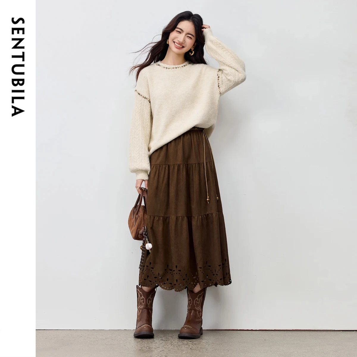 

SENTUBILA Новый комплект из двух предметов для женщин, зима 2025 года, вязаный свитер с лямками, длинная юбка с вырезами, элегантный женский костюм W54ZC4650Z