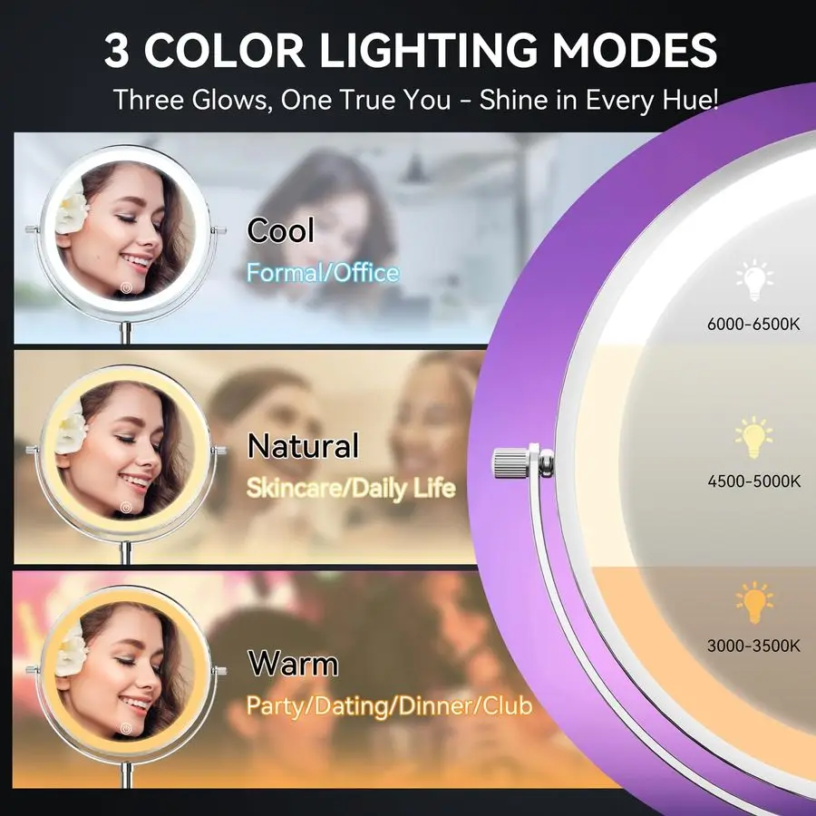 9 Large Lighted Makeup Mirror with Magnification, 1X 30X Double Sided Magnifying Mirror with Adjustable Height, Rechargeable Van