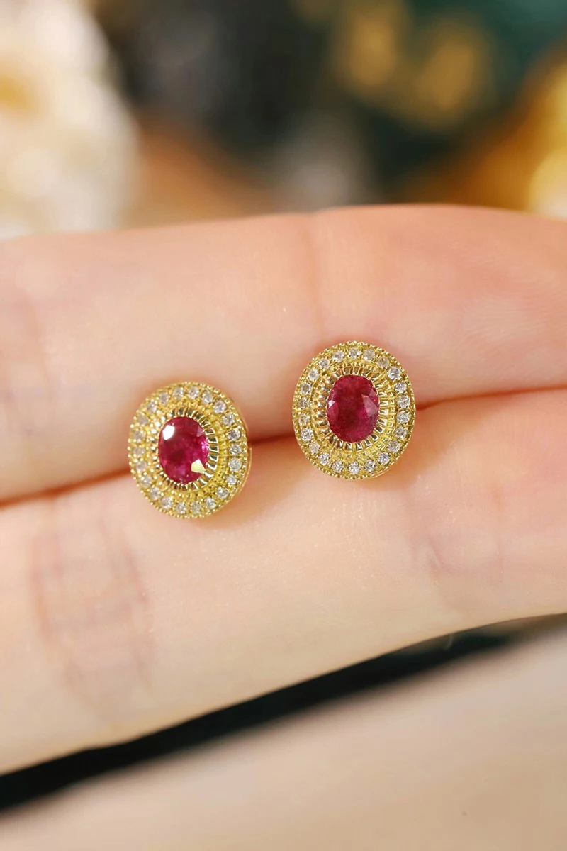 KUGG 100% 18K Yellow Gold Earrings Natural Diamond Natural Ruby Stud Earrings for Women Elegant Oval Shape High Party Jewelry