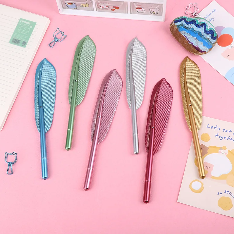 

48pcs Novelty Metallic Color Feather Shape Gel Pen School Supplies Office Acessories Stationery Wholesale Feather Pens Cute Item