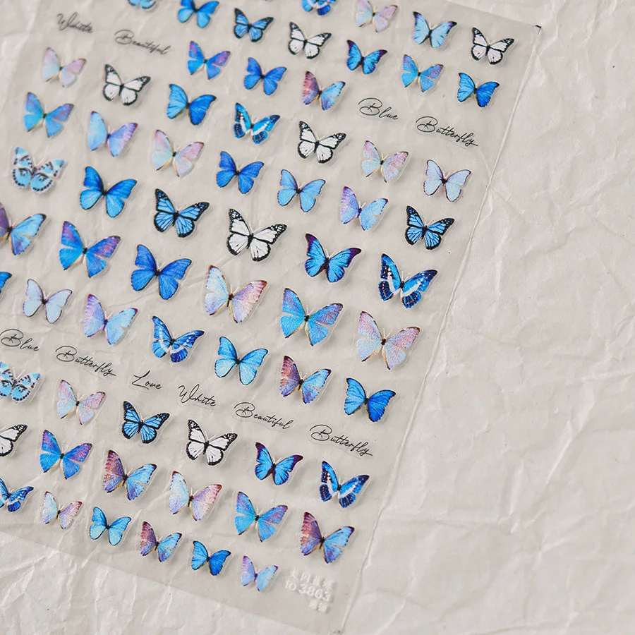 사파이어 샤인 블루 나비 날개 5D 네일 아트 스티커 우아한 동물 곤충 세련된 자기 접착제 장식 매니큐어 데칼 DIY