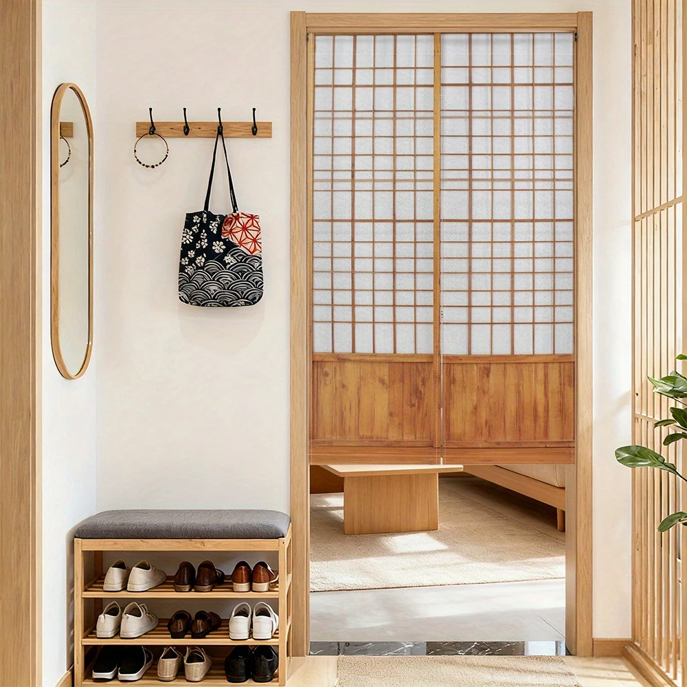 VIKAMA Minimalist Wooden-Frame Fabric Door Curtain, Split-Panel Half-Door Curtain for Indoor and Outdoor Entrances, Home Decor