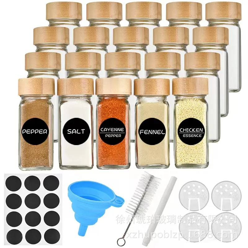 40oz Square Seasoning Jar Pepper Seasoning Bottle 24 Sets Pepper Bottle 90ml 120ml Bamboo and Glass Seasoning Jar