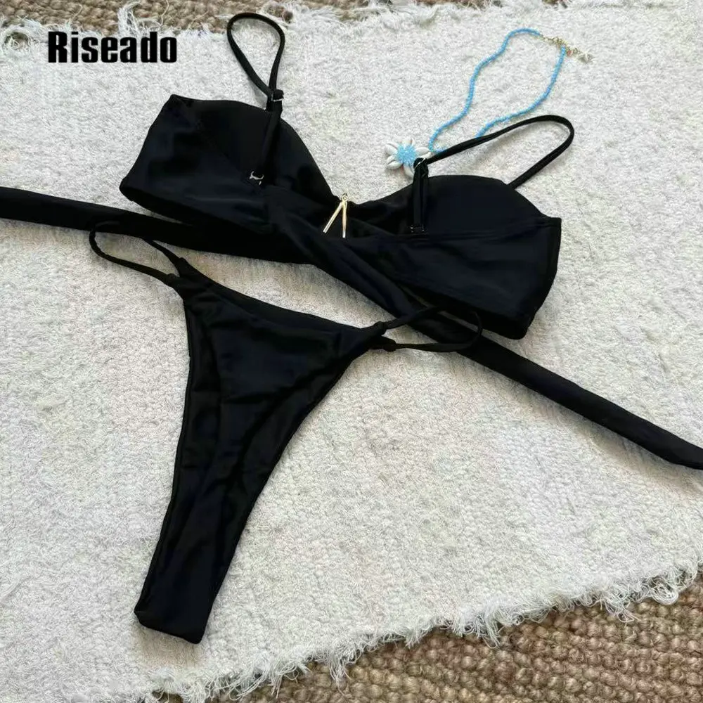 2-teiliges Bikini-Set für Damen, einfarbig, frecher Badeanzug, Metall, Seestern, seitliche Badeanzüge, sexy Micro-Tanga, brasilianischer Bikini