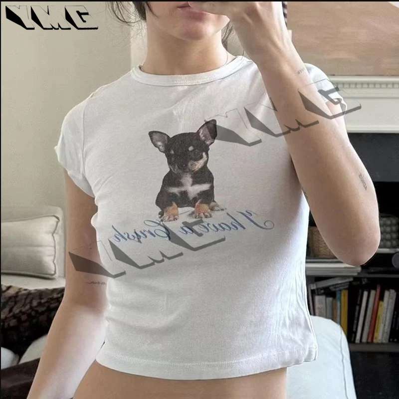 Vintage Lovely doggy Graphic 2000s Baby Tee Retro Y2k Crop Tops Aesthetic Short Sleeve Streetwear Grunge Girls summer Tops