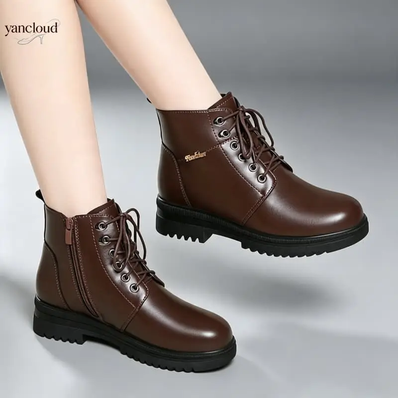Big Size 35-43 Fashion Genuine Leather Shoes Women's Winter Short Boots 2026 Black Square Heel Warm Wool Ankle Boots for Mother