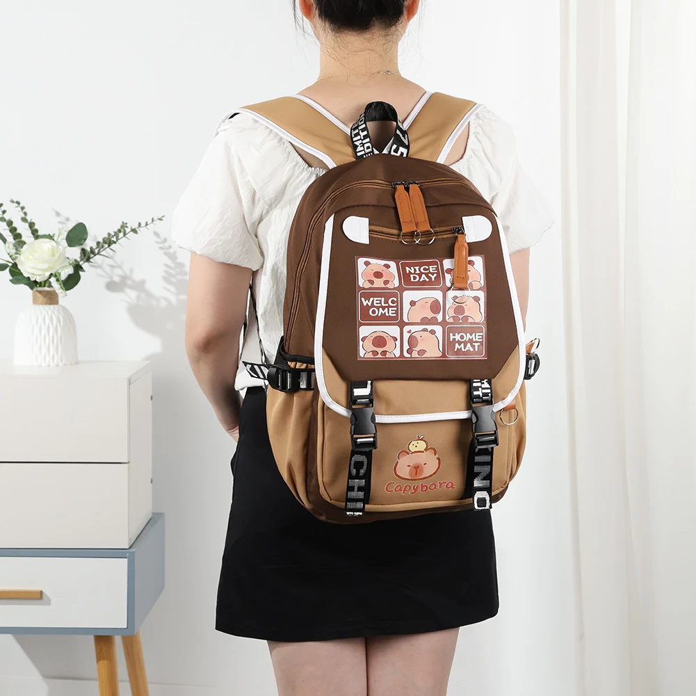 연필 케이스가있는 만화 카피바라 배낭 카피바라 플랩 배낭 대용량 귀여운 Bookbag 학교 가방 어린이 소녀 소년